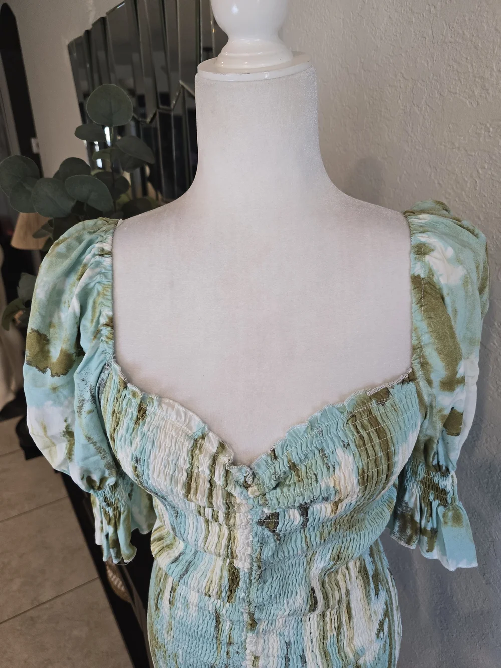 Luxxel Aqua and Olive Smocked Mini Dress